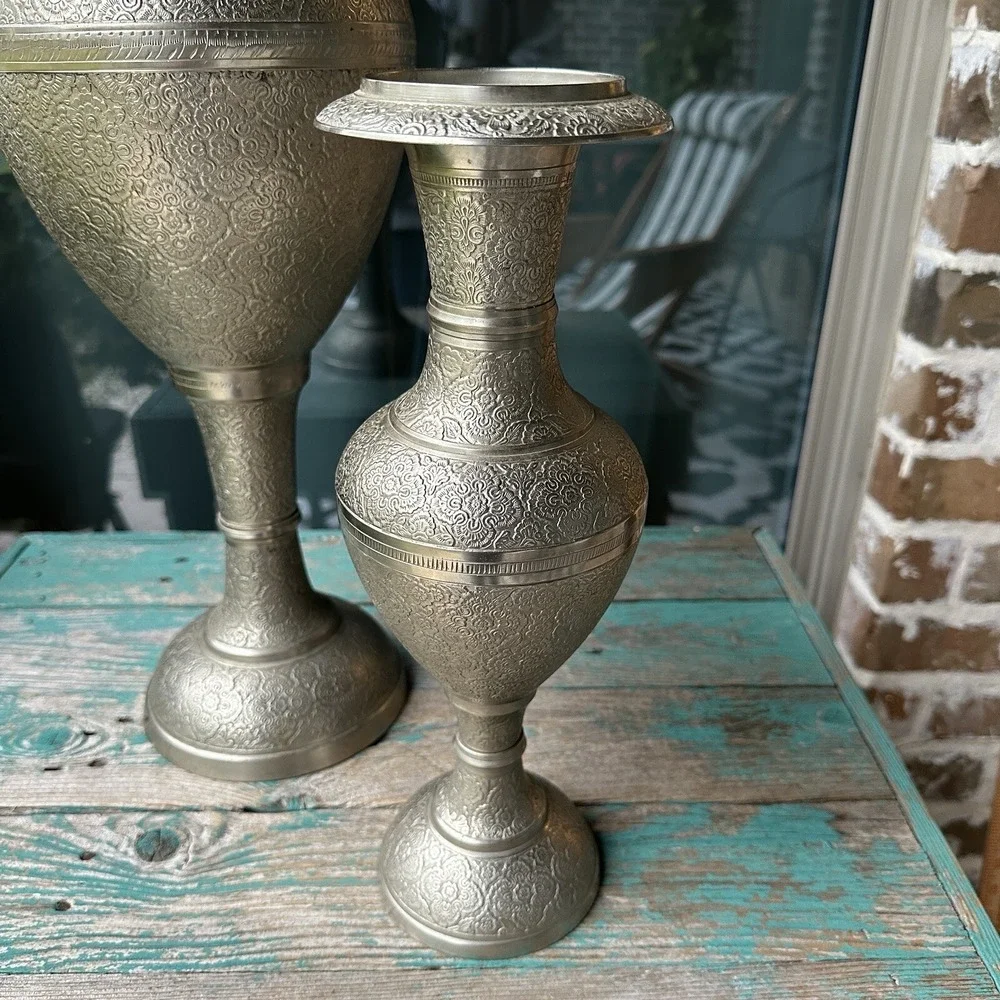 VTG Ornate Vases India Persian Middle‎ East Nickel Brass 14-24 Inch Two Item Set